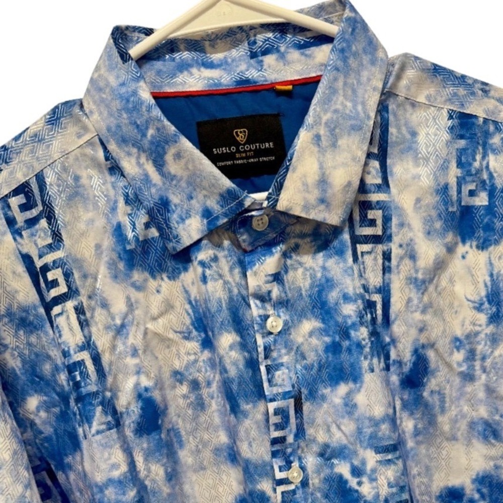Suslo Couture Mens 4X Blue Tie Dye Silver Metallic Greek Key Slim Fit Shirt